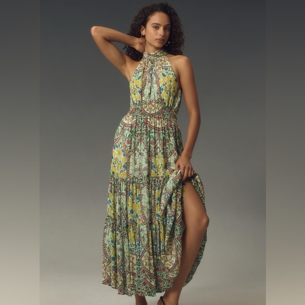 Anthropologie The Somerset Maxi Dress: Halter Edition in Green Motif